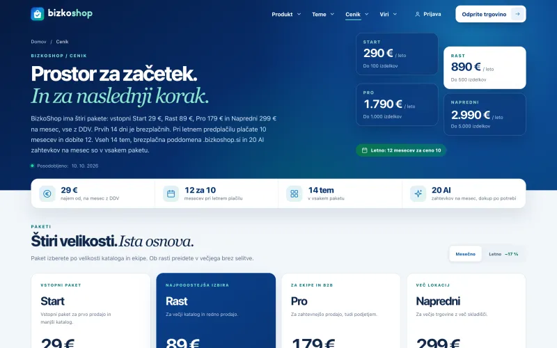 Stran s cenikom BizkoShop: paketi Start, Rast, Pro in Napredni z letnimi cenami 290, 890, 1.790 in 2.990 € ter oznako »Posodobljeno: 10. 10. 2026«