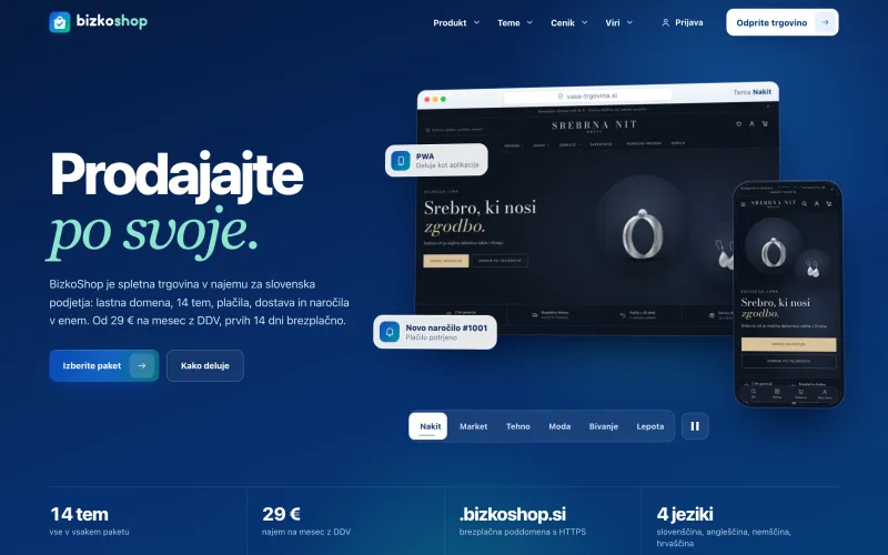 Domača stran BizkoShop z naslovom »Prodajajte po svoje.« in predogledom demo trgovine z nakitom na računalniku in telefonu