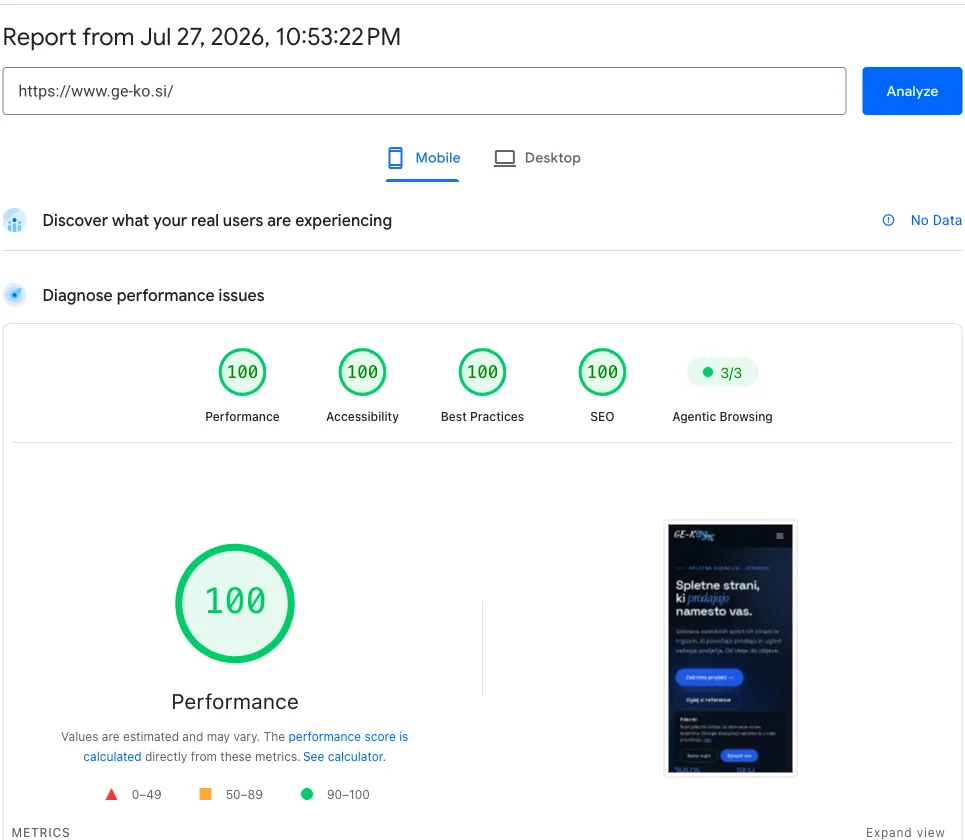 PageSpeed Insights rezultat za ge-ko.si: 100/100/100/100 na mobilnem