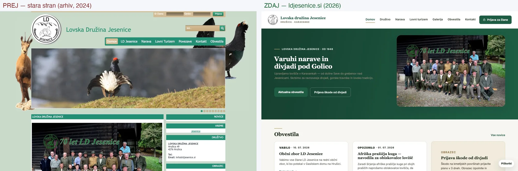 Primerjava stare in nove spletne strani LD Jesenice: levo stara stran s tabelno postavitvijo iz spletnega arhiva (2024), desno nova stran s temno zeleno celostno podobo (2026).