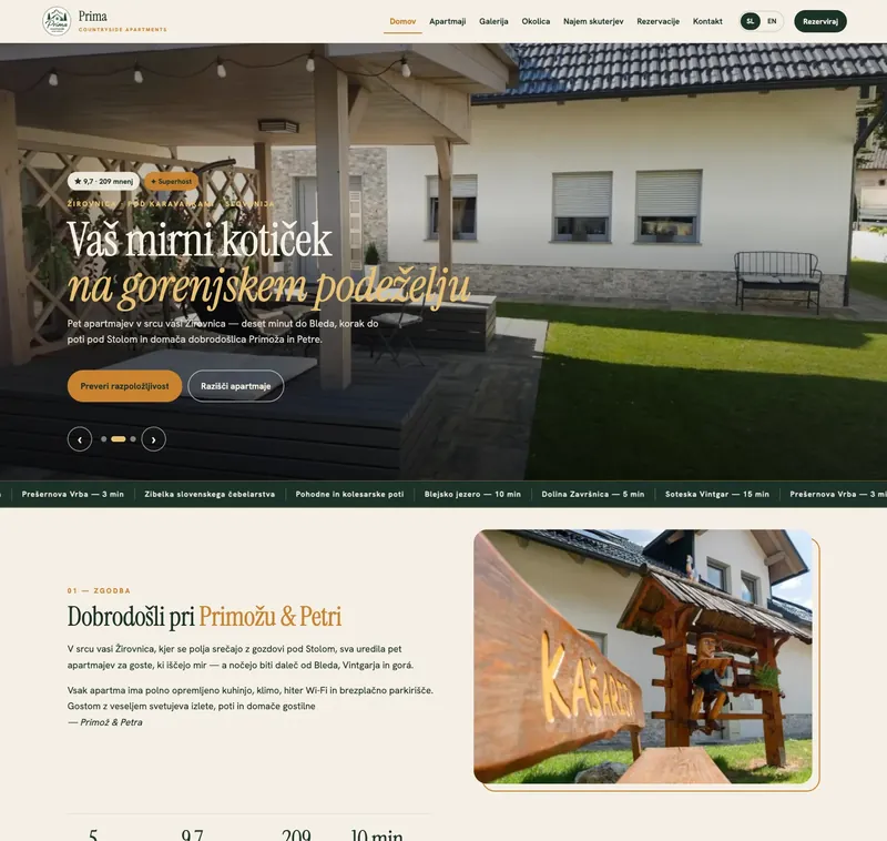 Spletna stran Prima Countryside Apartments — apartmaji v Žirovnici pri Bledu