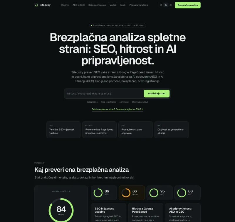 Sitequiry — brezplačna analiza spletne strani: SEO, hitrost in AI pripravljenost
