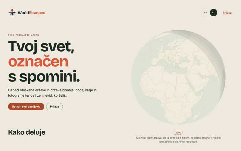 Slovenian version of the WorldStamped home page with the headline »Tvoj svet, označen s spomini.«, its Ustvari svoj zemljevid and Prijava buttons and the globe