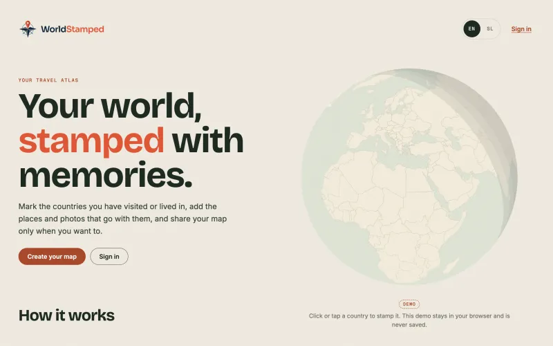 WorldStamped home page with the headline »Your world, stamped with memories.«, Create your map and Sign in buttons and a globe with country borders